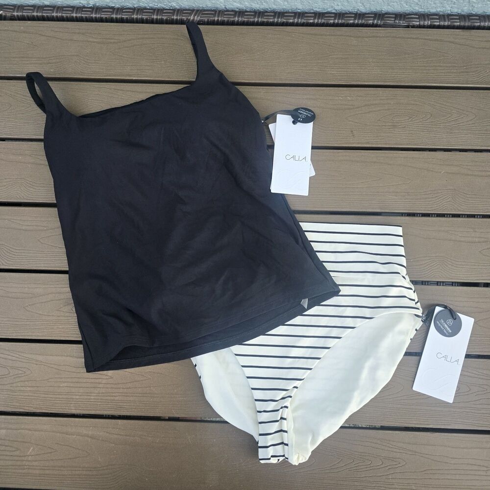 CALIA Women Solid Black Tankini Top & Striped Wide Band High Leg Bikini Sz M New